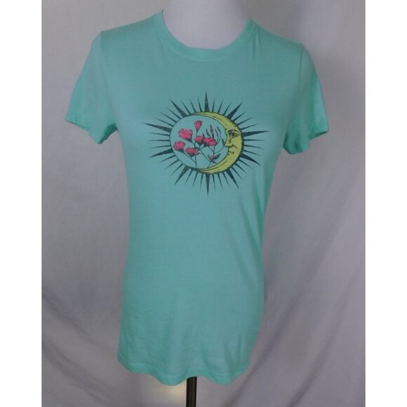 Free State M Moon & Flowers Tee Celestial Witchcore Graphic Shirt Aqua - Picture 1 of 10